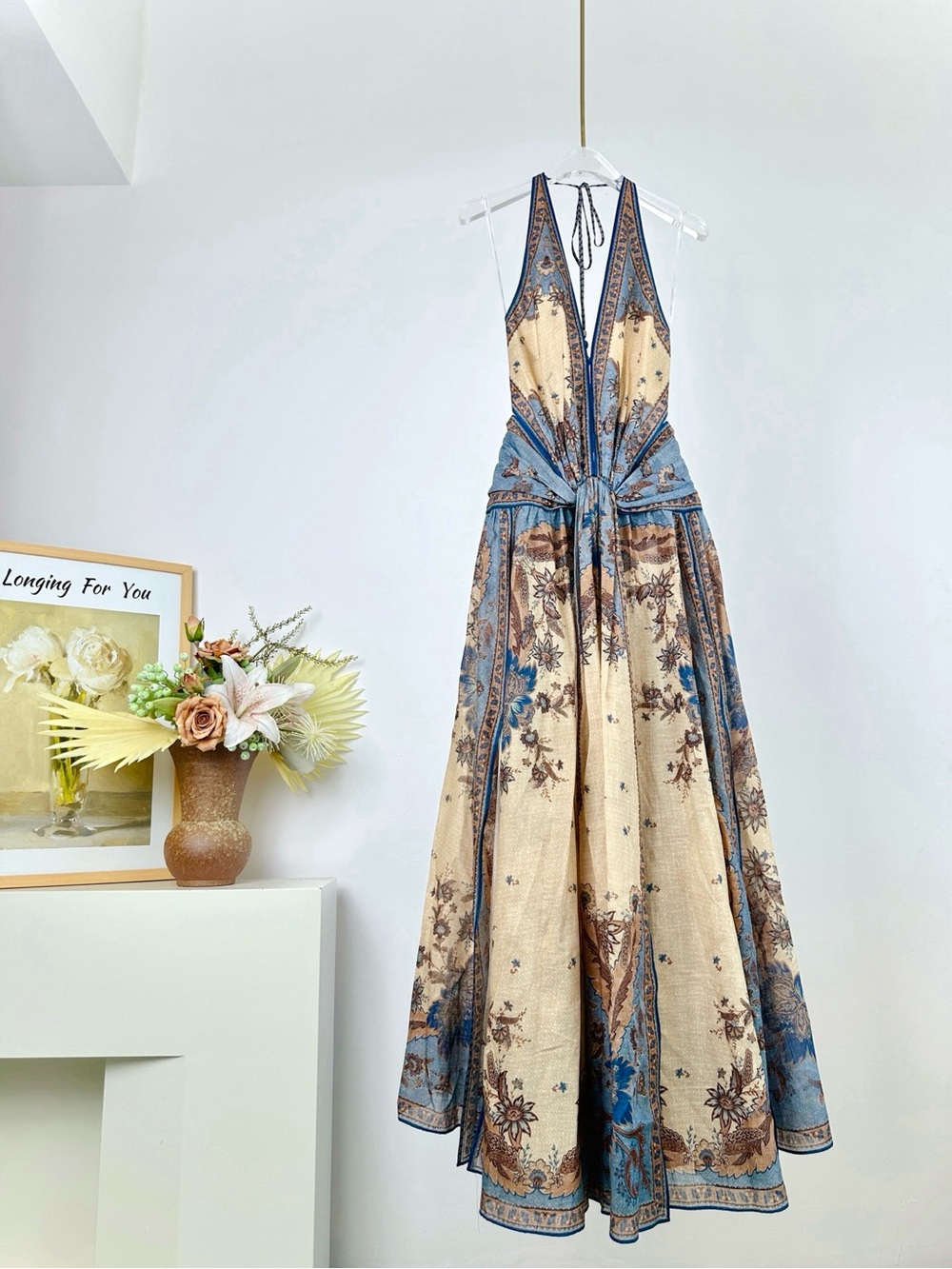 Zimmermann Beige and Blue Floral Midi Dress with Tie Waist